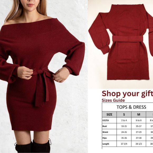 Fashion Capsule Dresses & Skirts - Red Long Sleeve Off-Shoulder Mini Sweater Dress